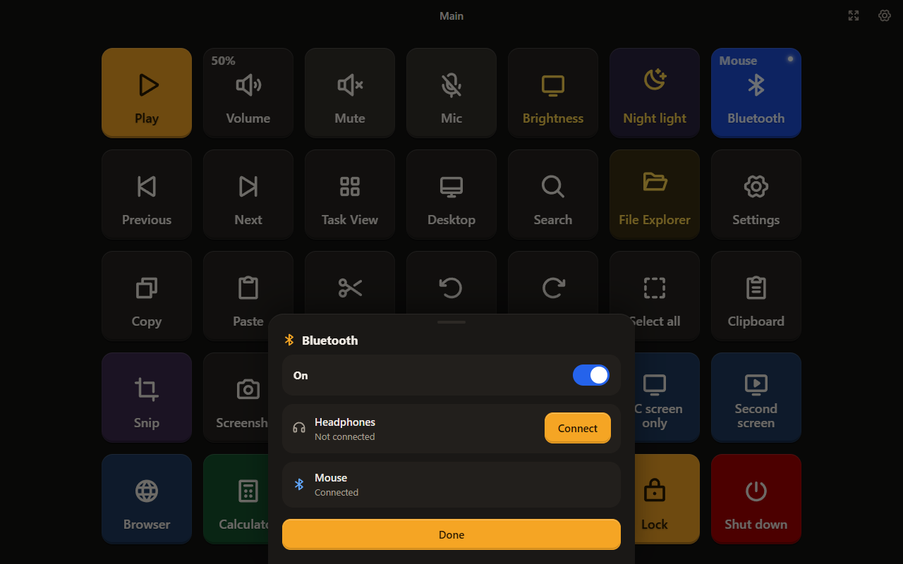 The Bluetooth panel, connecting headphones from the deck