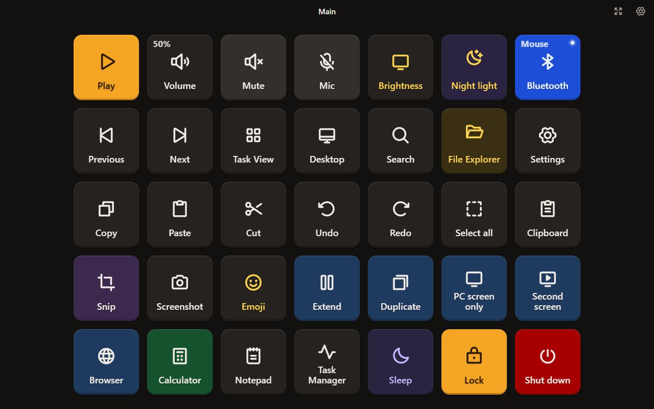 The TabbyDeck deck on a tablet: Play, Volume, Mute, Mic, Brightness, Night light, Bluetooth and more